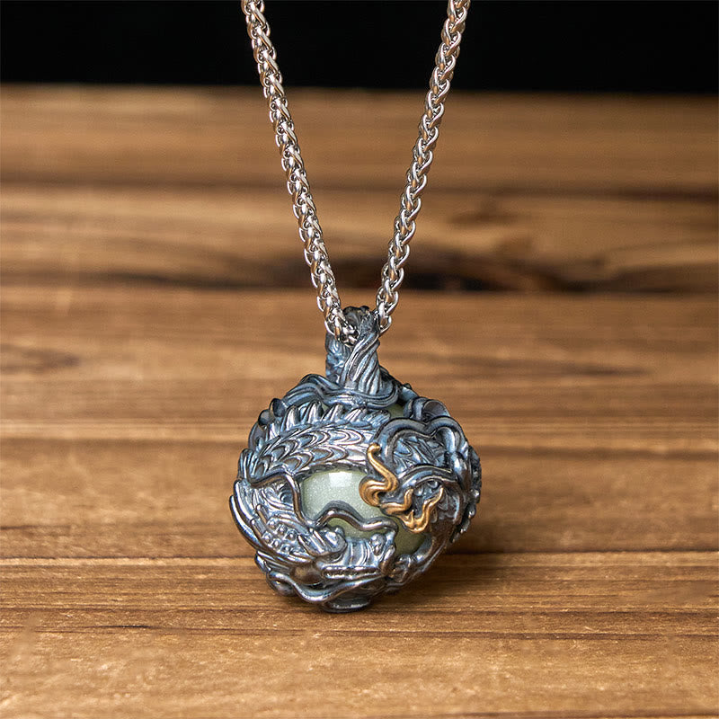 Copper Dragon Pendant Necklace – rope chain with twisted bail and jade-like sphere center, Luck