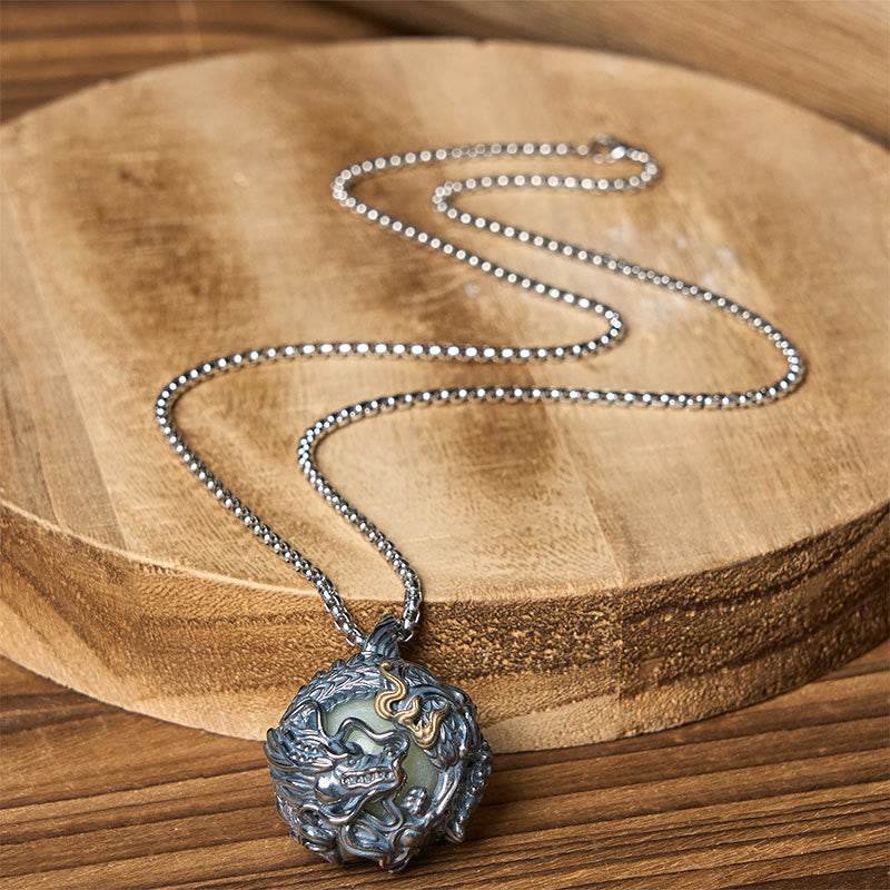 Copper Dragon Pendant Necklace – flat lay on wood slab with long box chain and spring clasp, Protection