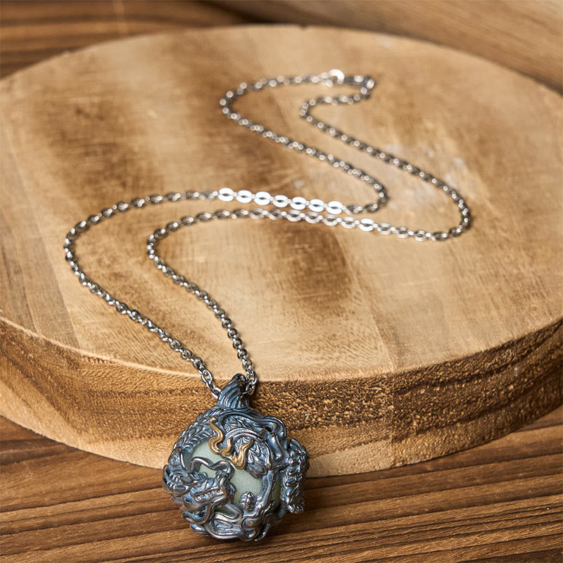 Copper Dragon Pendant Necklace – dragon cage orb on tree trunk slice with growth rings, Prosperity