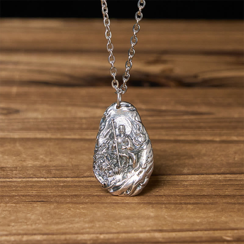 Copper Ksitigarbha Pendant Necklace – front view on cable chain over wood, spiritual jewelry