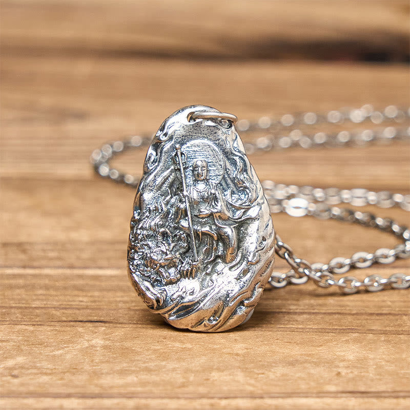 Copper Ksitigarbha Pendant Necklace – angled closeup showing relief detail on Bodhisattva, texture