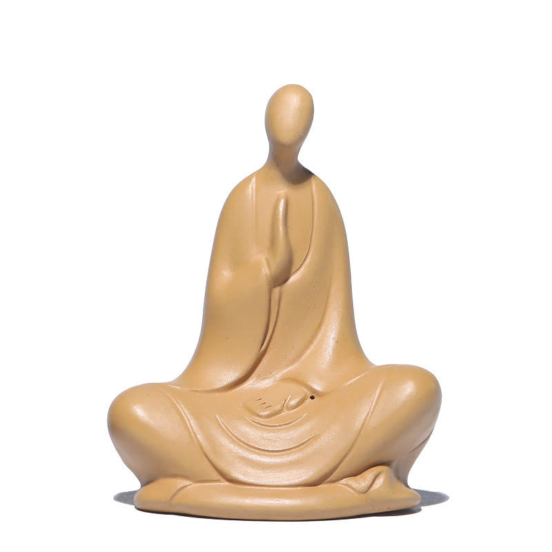 Ceramic Formless Buddha Prayer Statue – front view on white background, tan ceramic prayer statue, clean studio lighting