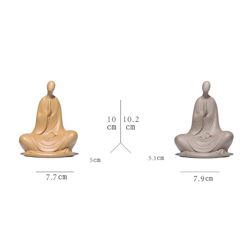 Ceramic Formless Buddha Prayer Statue – size chart with dimensions, gray and tan variants, white background, measurement guide