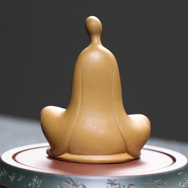 Ceramic Formless Buddha Prayer Statue – back view, tan ceramic hooded robe, smooth glaze, rounded meditation posture