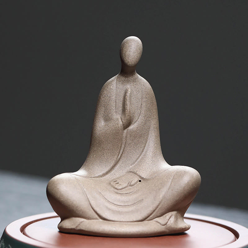 Ceramic Formless Buddha Prayer Statue – front view, gray ceramic with hands in prayer mudra, on round stand, zen home decor