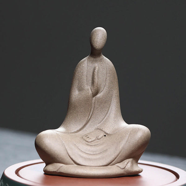 Ceramic Formless Buddha Prayer Statue – front view, gray ceramic with hands in prayer mudra, on round stand, zen home decor