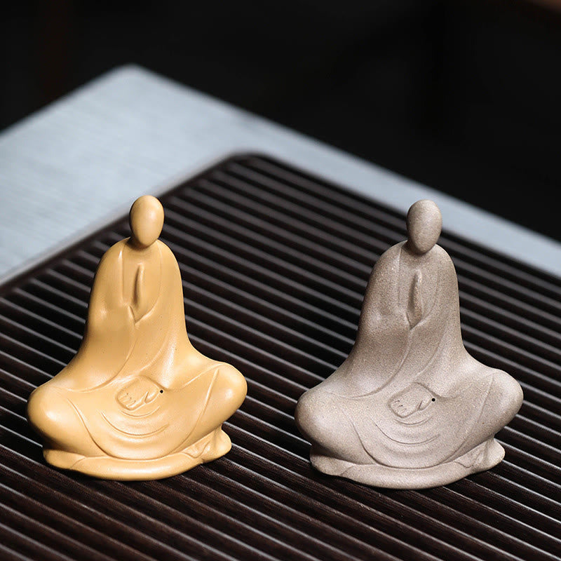 Ceramic Formless Buddha Prayer Statue – gray and tan pair on tea tray, side by side, meditative tea ceremony display