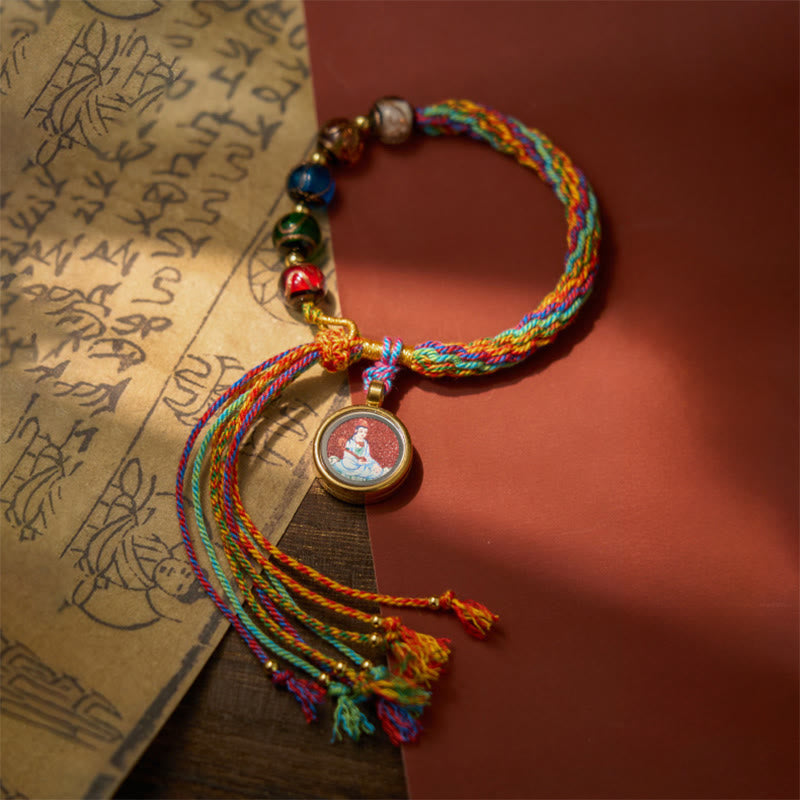 Zodiac Natal Buddha Cinnabar Bracelet – bracelet laid flat showing red beads, cinnabar bracelet, zodiac Buddha, red string