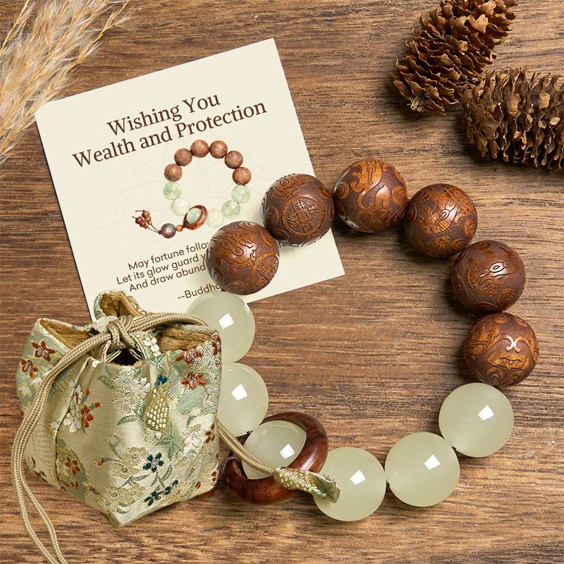 Sappan Wood Pixiu Bracelet with Glowstone & Fu Charm – Deluxe embroidered floral gift bag with drawstring, luxury packaging