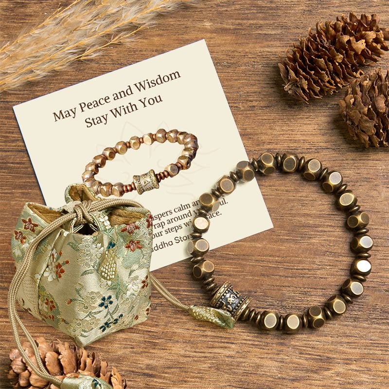 Brass Om Mani Padme Hum Bracelet – deluxe brocade gift bag with drawstring closure, premium spiritual jewelry packaging