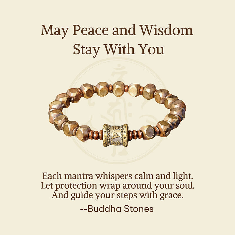 Brass Om Mani Padme Hum Bracelet – top-down view of hexagonal brass beads with sacred symbol center, mindfulness jewelry