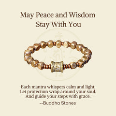 Brass Om Mani Padme Hum Bracelet – top-down view of hexagonal brass beads with sacred symbol center, mindfulness jewelry
