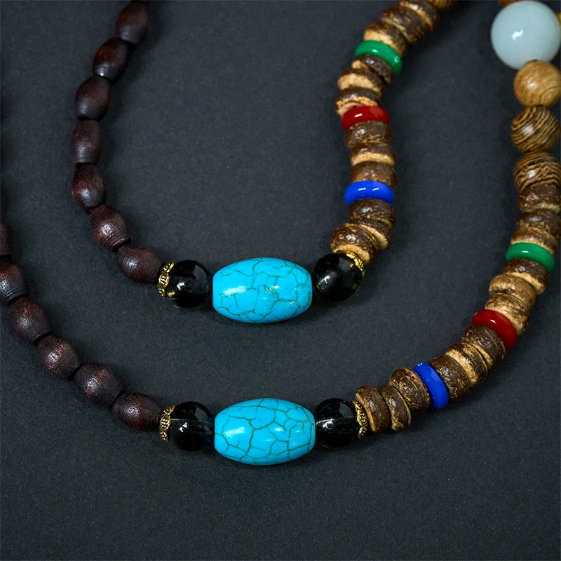 Vintage Nepal Avalokitesvara Necklace – macro bead detail with turquoise texture and wood grain, natural craft