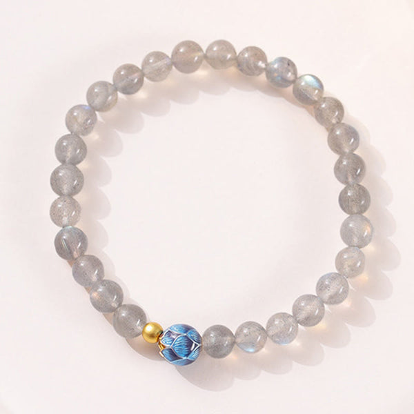 Natural Moonstone Lotus Bracelet – moonstone and blue lotus bead top-down, love