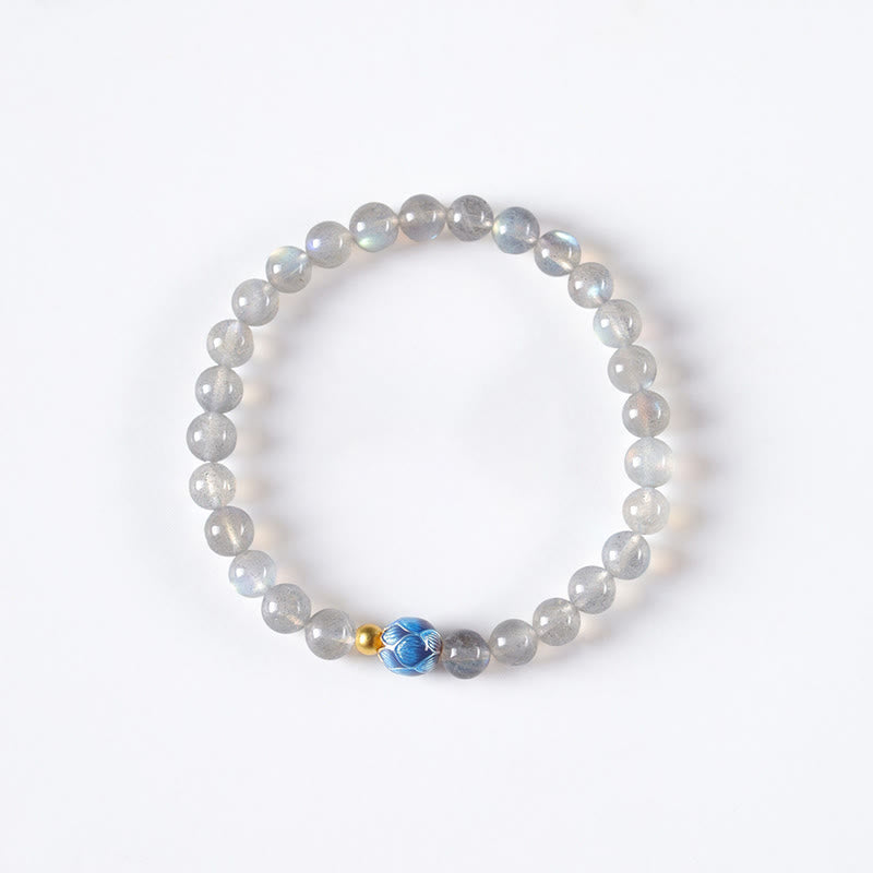 Natural Moonstone Lotus Bracelet – full moonstone strand with lotus accent, white bg