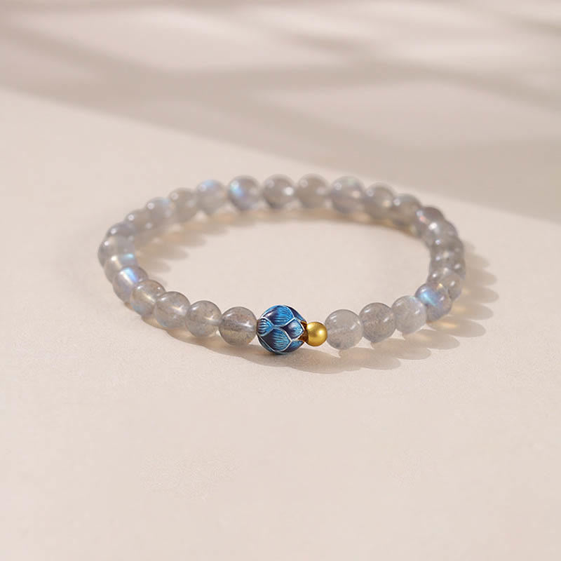 Natural Moonstone Lotus Bracelet – moonstone beads with blue lotus cloisonne, healing