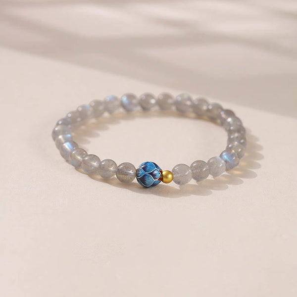 Natural Moonstone Lotus Bracelet – moonstone beads with blue lotus cloisonne, healing