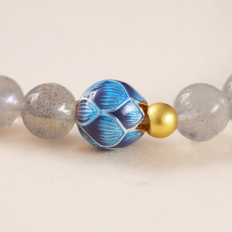 Natural Moonstone Lotus Bracelet – blue lotus cloisonne bead detail, moonstone