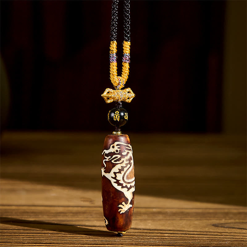Tibetan Agate Nine-Eye Dzi Dragon Protection Necklace – agate bead with dragon carving front view, Spiritual