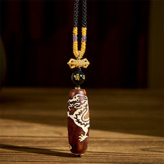 Tibetan Agate Nine-Eye Dzi Dragon Protection Necklace – agate bead with dragon carving front view, Spiritual