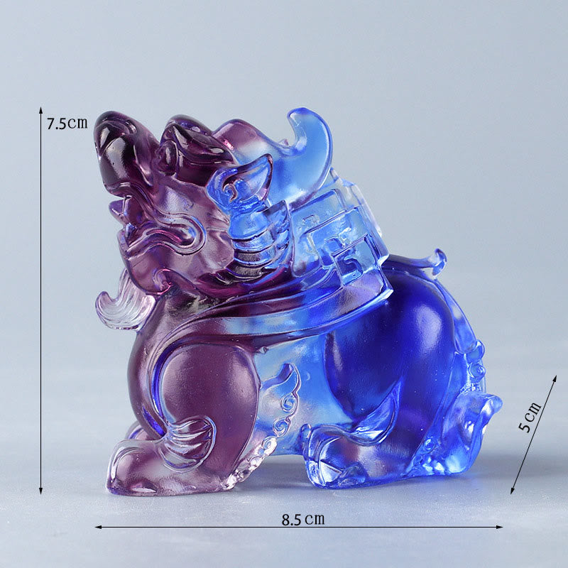Liuli Crystal Pixiu Wealth Luck Feng Shui Decoration – blue purple Pixiu with size dimensions 8.5cm, ornament specs