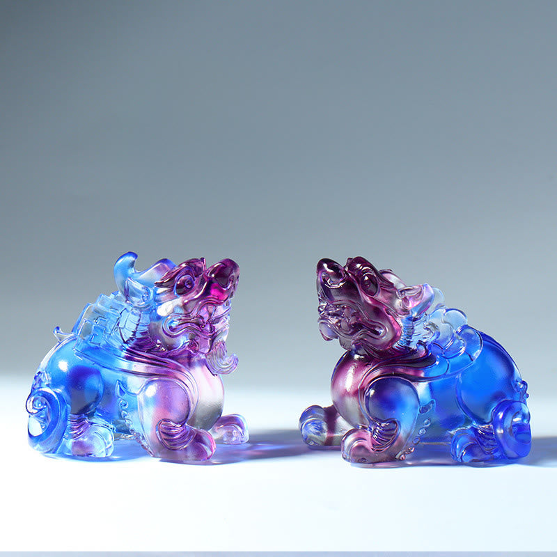 Liuli Crystal Pixiu Wealth Luck Feng Shui Decoration – pair of blue purple Pixiu facing, matching feng shui set