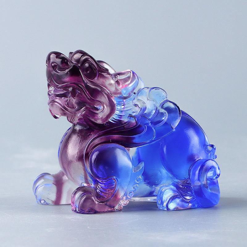 Liuli Crystal Pixiu Wealth Luck Feng Shui Decoration – blue purple Pixiu opposite side profile, wealth luck figurine