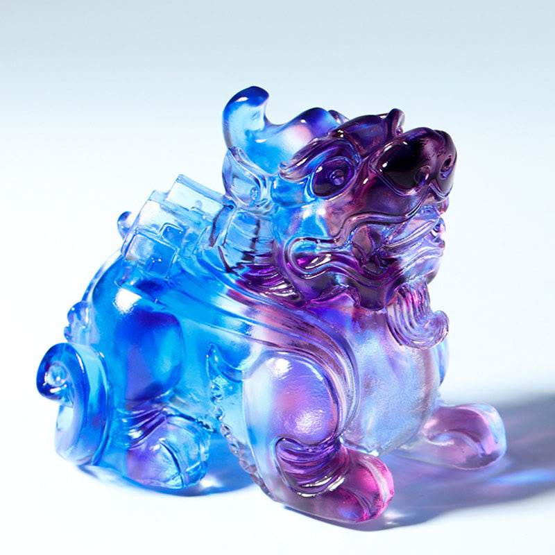 Liuli Crystal Pixiu Wealth Luck Feng Shui Decoration – blue purple Pixiu angled studio shot, liuli glass art