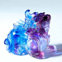 Liuli Crystal Pixiu Wealth Luck Feng Shui Decoration – blue purple Pixiu angled studio shot, liuli glass art
