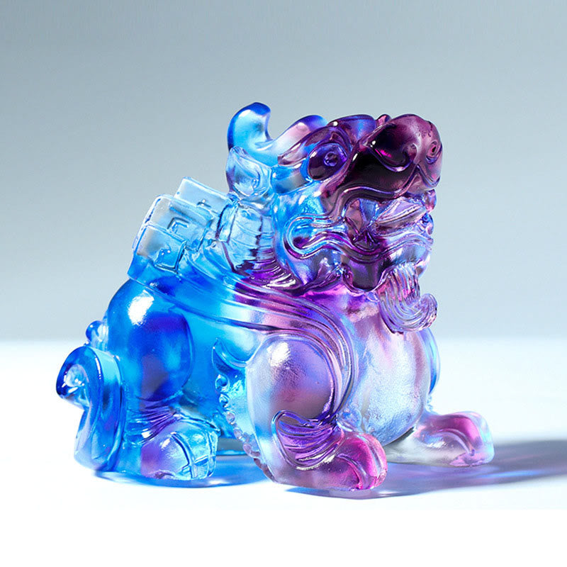 Liuli Crystal Pixiu Wealth Luck Feng Shui Decoration – blue purple gradient Pixiu side view, crystal home decor