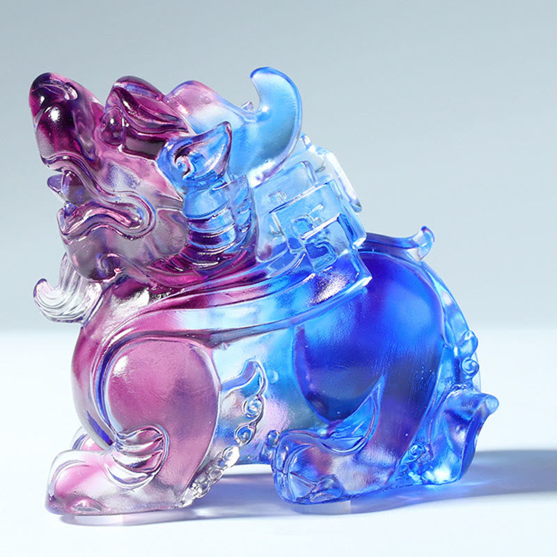 Liuli Crystal Pixiu Wealth Luck Feng Shui Decoration – blue purple Pixiu three-quarter front view, feng shui statue