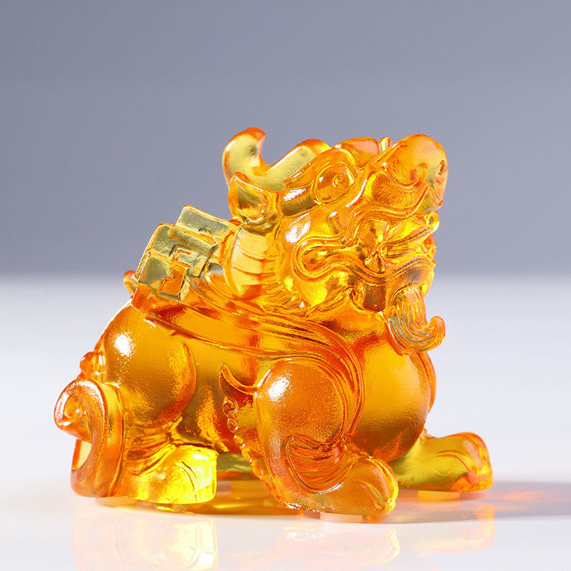 Liuli Crystal Pixiu Wealth Luck Feng Shui Decoration – amber orange Pixiu side view warm glow, crystal statue