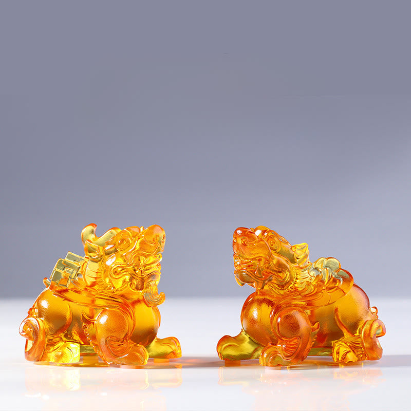 Liuli Crystal Pixiu Wealth Luck Feng Shui Decoration – pair of amber orange Pixiu facing, feng shui home accent