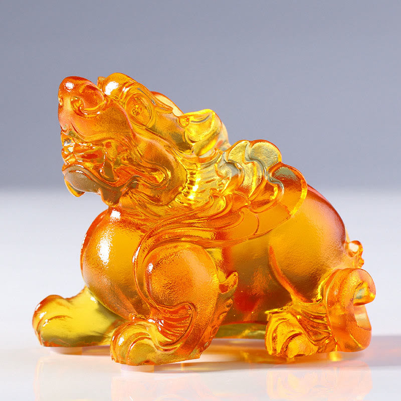 Liuli Crystal Pixiu Wealth Luck Feng Shui Decoration – amber orange Pixiu reverse angle, liuli art piece