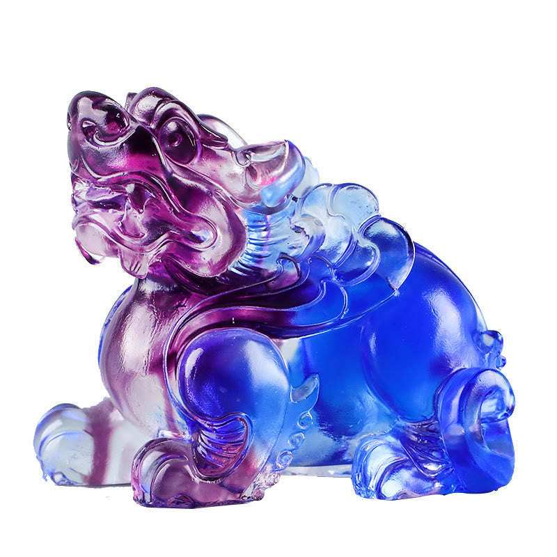 Liuli Crystal Pixiu Wealth Luck Feng Shui Decoration – blue purple Pixiu on white background, transparent glass decor
