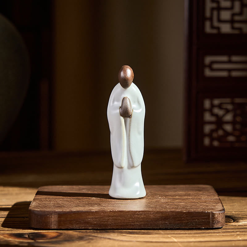 Meditation Monk Ceramic Statue – monk statue on bookshelf with bonsai tree, monk statue, serenity decor, ceramic figurine