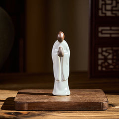 Meditation Monk Ceramic Statue – monk statue on bookshelf with bonsai tree, monk statue, serenity decor, ceramic figurine