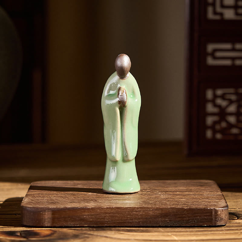Meditation Monk Ceramic Statue – statue base showing felt pad and engraved, monk statue, serenity decor, ceramic figurine