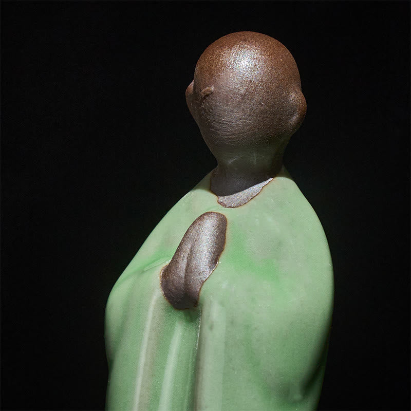 Meditation Monk Ceramic Statue – monk figurine beside wine glass on dining, monk statue, serenity decor, ceramic figurine
