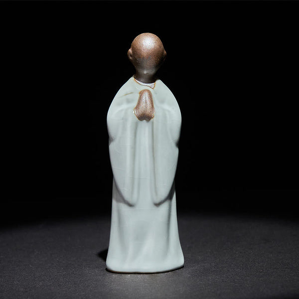 Meditation Monk Ceramic Statue – cream glazed ceramic monk with crackle, monk statue, serenity decor, ceramic figurine