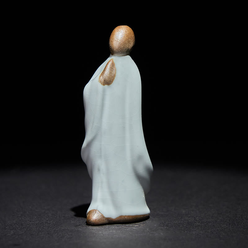 Meditation Monk Ceramic Statue – back view showing shaved head and robe seam, monk statue, serenity decor, ceramic figurine