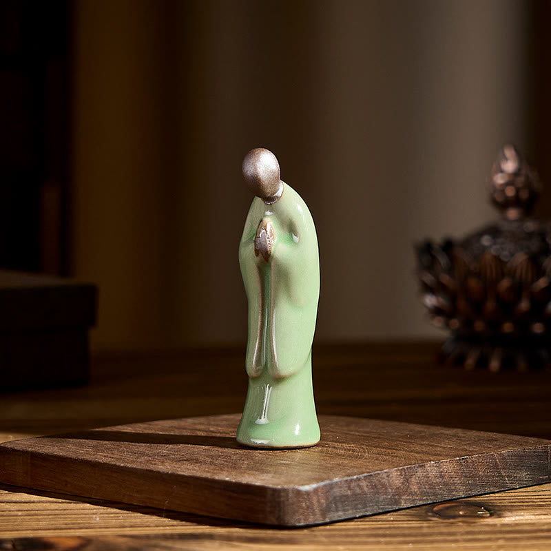 Meditation Monk Ceramic Statue – monk figurine with sage green robe accent, monk statue, serenity decor, ceramic figurine
