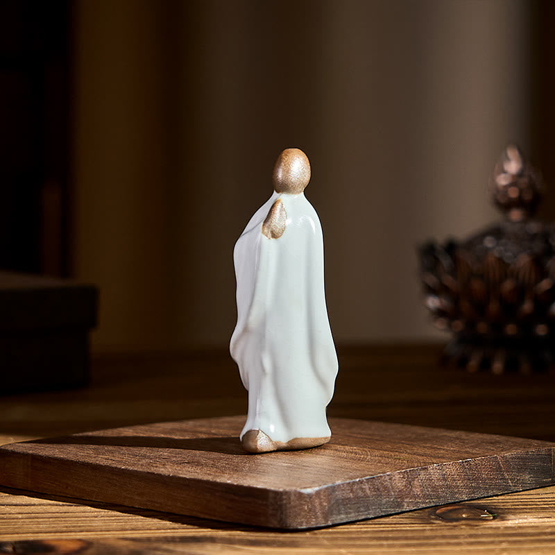 Meditation Monk Ceramic Statue – ceramic statue on slate coaster with pebble, monk statue, serenity decor, ceramic figurine
