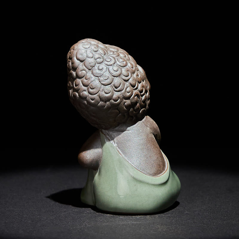 Prayer Meditation Resting Monk Statue – ceramic piece on dark wood contrasting, ceramic statue, zen gift, meditation decor