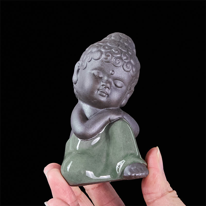 Prayer Meditation Resting Monk Statue – monk profile view showing elongated, ceramic statue, zen gift, meditation decor