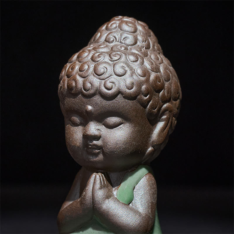 Prayer Meditation Resting Monk Statue – overhead shot of monk on round tray with, ceramic statue, zen gift, meditation decor