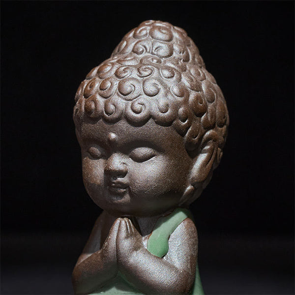 Prayer Meditation Resting Monk Statue – overhead shot of monk on round tray with, ceramic statue, zen gift, meditation decor