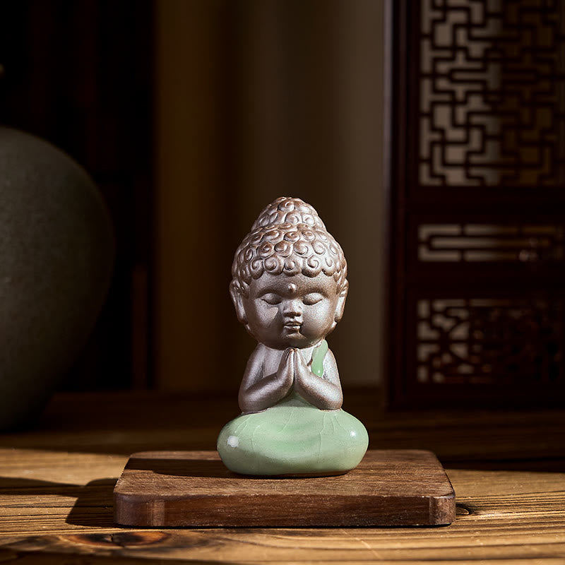 Prayer Meditation Resting Monk Statue – monk statue on desk beside green plant, ceramic statue, zen gift, meditation decor