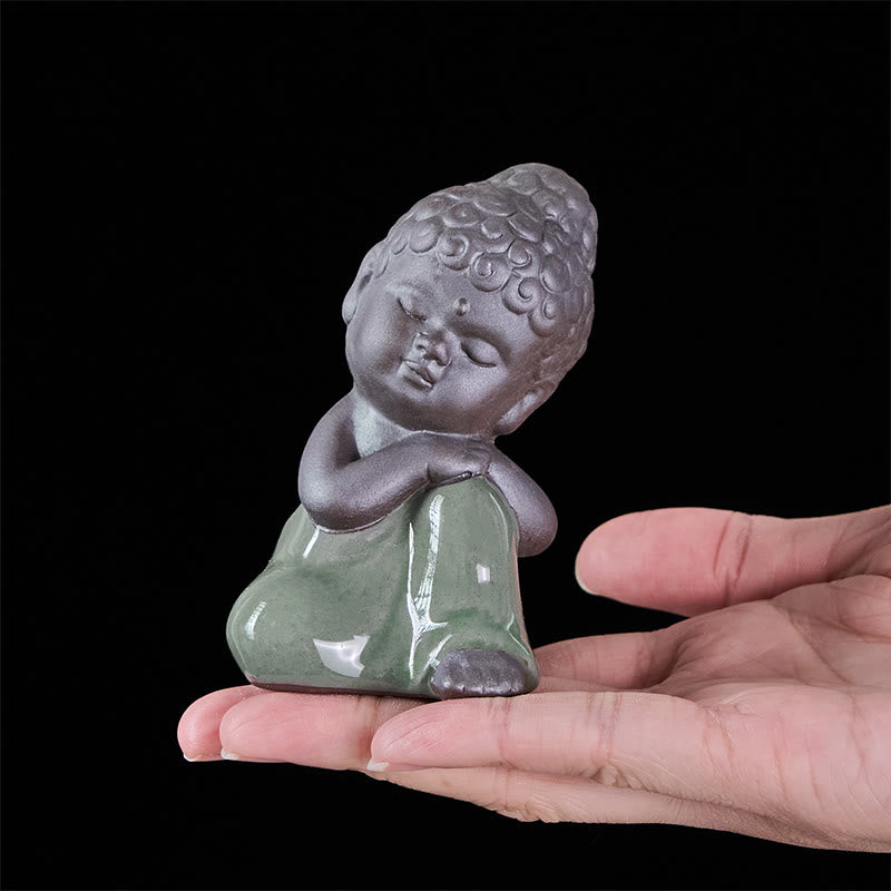 Prayer Meditation Resting Monk Statue – statue nestled among moss and pebbles in, ceramic statue, zen gift, meditation decor