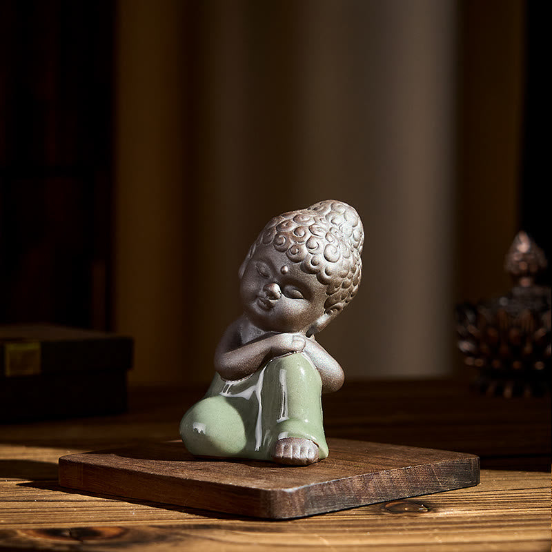 Prayer Meditation Resting Monk Statue – multiple angle collage showing front, ceramic statue, zen gift, meditation decor